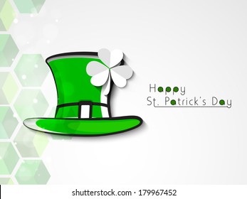 Happy St. Patrick's Day celebrations flyer, poster or banner design with leprechauns hat, decorated by shamrock leaves on beautiful abstract background. 