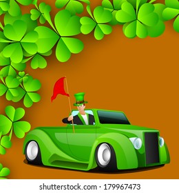 Happy St. Patrick's Day Feierlichkeiten Flyer, Poster oder Banner-Design mit jungen Kobolden Reitwagen auf braunem Hintergrund. 