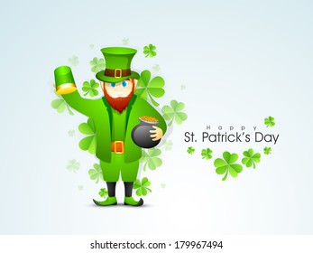 Happy St. Patrick's Day celebrations flyer, poster or banner design with happy leprechaun holding beer mug on clover leaves decorated blue background. 