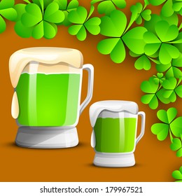 Happy St. Patrick's Day celebrations flyer, poster or banner design with beer mug on clover leaves on brown background. 