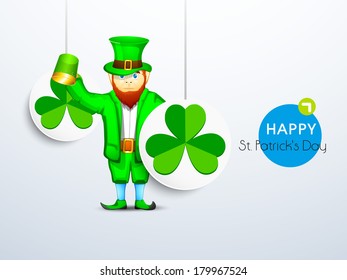 Happy St. Patrick's Day celebrations flyer, poster or banner design with happy leprechaun holding beer mug and hanging clover leaves on grey background. 