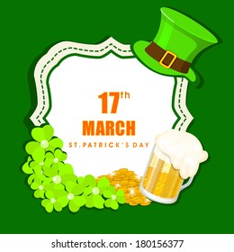 Happy St. Patrick's Day celebrations concept with beautiful frame decorated by clover leaves and leprechauns hat on green background. 