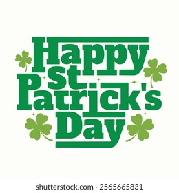 Happy St. Patrick's Day Celtic lettering greeting card with green clover vector illustration on white background. Lucky saint Patrick's concept for banner, poster, template, invitation, tag, label.