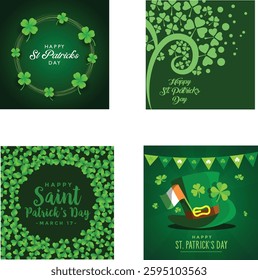 Happy St. Patrick's Day Celtic lettering greeting card with green clover vector illustration set. Lucky saint Patrick's concept for banner, poster, template, invitation, tag, label.