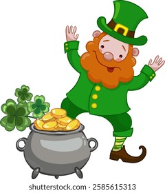 Happy St Patrick's day. Cheerful leprechaun cartoon character