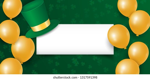 Happy St. Patrick's day with clover shamrock leaves, gold balloons and hat with empty space. Vector illustration background text lettering. Perfect for card, sale banner, wallpaper, poster, offer.