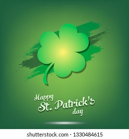 Happy St. Patricks day. Clover against the background of abstract blots of paint. Grunge template design. Pattern for banner, poster, greeting card, party invitation. Vector illustration