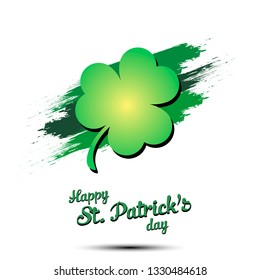 Happy St. Patricks day. Clover against the background of abstract blots of paint. Grunge template design. Pattern for banner, poster, greeting card, party invitation. Vector illustration