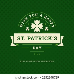 Happy St Patrick's Day clover ribbon vintage greeting card typography template vector illustration. Festive Irish culture traditional holiday best wishes congrats shamrock green background design