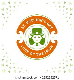 Happy St Patrick's Day clover woman in hat Irish luck vintage greeting card typographic template vector illustration. Female shamrock Celtic culture holiday label festive ribbon leaf floral background