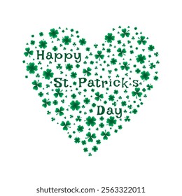 Happy St. Patricks Day clover heart. Green heart from clover or shamrock leaves. St. Patricks Day background. Vector template for greeting card, flayer, brochure, social media. 