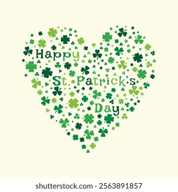 Happy St. Patricks Day clover heart. Green heart from clover or shamrock leaves. St. Patricks Day background. Vector template for greeting card, flayer, brochure, social media. 