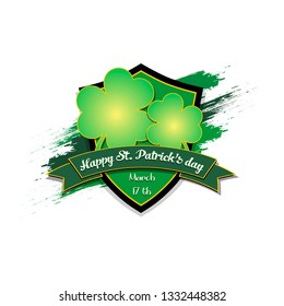 Happy St. Patricks day. Clovers against the background of abstract blots of paint. Logo design template. Pattern for banner, poster, greeting card, party invitation. Vector illustration