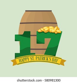 happy st patricks day coins wooden barrel beer number seventeen vector illustration eps 10
