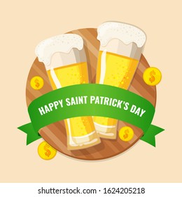 Happy St. Patrick's day concept. Banner with two glasses of beer, green ribbon and coins on a wooden board. Vector image for advertising, web banner, printing.