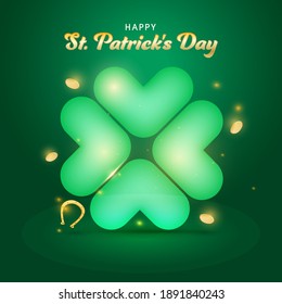 Happy St. Patrick's Day Concept With Glossy Clover Balloon Leaf, Golden Coins, Horseshoe On Green Lights Effect Background.