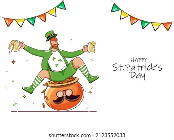 Happy St. Patrick's Day Concept With Cartoon Leprechaun Man Sitting At Cauldron Full Of Coins And Hold Beer Mugs On White Background.