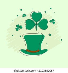 Happy St. Patrick's Day Concept With Leprechaun Hat And Shamrock Leaves On Pastel Green Scribble Background.