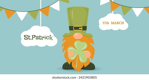 Happy St. Patrick's Day. The concept of the holiday. A cartoon Irish gnome holds a clover. Retro background. Perfect for banner, postcard, poster.