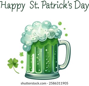 Happy St. Patrick's Day Concept. A classic illustration of a green beer mug overflowing with foam, in a clipart and hand-drawn, perfect for celebrating St. Patrick's Day with friends and family.