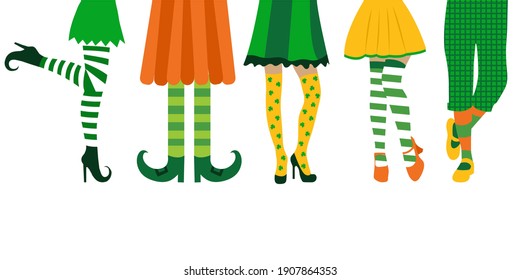Happy St. Patrick's Day. Creative banner design with illustration of legs for St. Patrick's Day Party celebration. Legs in striped stockings for St. Patrick's day. Vector illustration for your design.