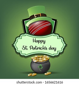 Happy St. Patricks day. Cricket logo template design. Cricket ball with St. Patrick hat and pot with gold. Pattern for banner, poster, greeting card, party invitation. Vector illustration