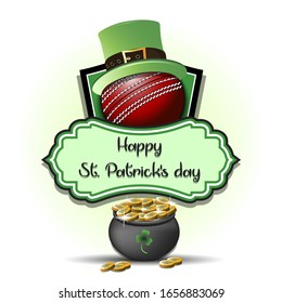 Happy St. Patricks day. Cricket logo template design. Cricket ball with St. Patrick hat and pot with gold. Pattern for banner, poster, greeting card, party invitation. Vector illustration