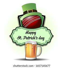 Happy St. Patricks day. Cricket logo template design. Cricket ball with St. Patrick hat and mug of beer. Pattern for banner, poster, greeting card, party invitation. Vector illustration