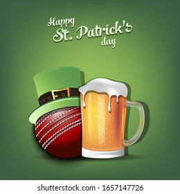 Happy St. Patricks day. Cricket ball with St. Patrick hat and mug of beer. Pattern for banner, poster, greeting card, party invitation. Vector illustration