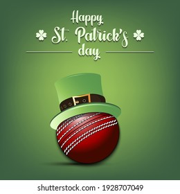 Happy St. Patrick's day. Cricket ball in leprechaun hat on an isolated background. Pattern for banner, poster, greeting card, party invitation. Vector illustration