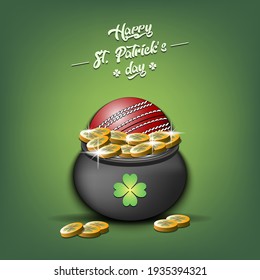 Happy St. Patricks day. A cricket ball in a pot of gold on an isolated background. Pattern for banner, poster, greeting card, invitation. Vector illustration