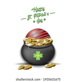 Happy St. Patricks day. A cricket ball in a pot of gold on an isolated background. Pattern for banner, poster, greeting card, invitation. Vector illustration