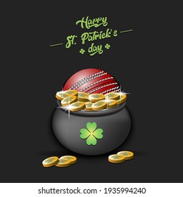 Happy St. Patricks day. A cricket ball in a pot of gold on an isolated background. Pattern for banner, poster, greeting card, invitation. Vector illustration
