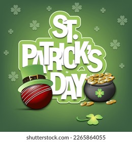 Happy St. Patrick's day. Cricket ball in leprechaun hat, pot with gold coins and clover. Pattern design for logo, banner, poster, greeting card. Vector illustration on isolated background