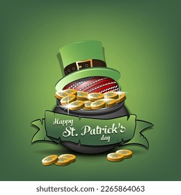 Happy St. Patrick's day. Cricket ball in leprechaun hat in pot with gold coins. Pattern design for logo, banner, poster, greeting card, party invitation. Vector illustration on isolated background