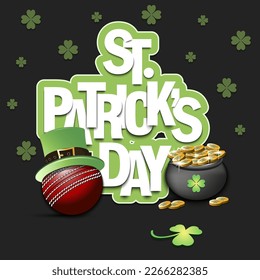 Happy St. Patrick's day. Cricket ball in leprechaun hat, pot with gold coins and clover. Pattern design for logo, banner, poster, greeting card. Vector illustration on isolated background