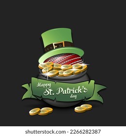Happy St. Patrick's day. Cricket ball in leprechaun hat in pot with gold coins. Pattern design for logo, banner, poster, greeting card, party invitation. Vector illustration on isolated background