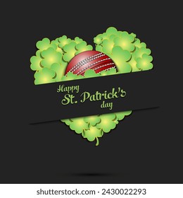 Happy St. Patricks day. Cricket ball on background heart made of clovers and shamrock. Pattern design for logo, banner, poster, greeting card. Vector illustration on isolated background
