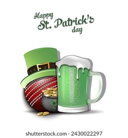 Happy St. Patricks day. Cricket  ball with St. Patrick hat, mug of beer and pot with gold. Pattern design for logo, banner, poster, greeting card. Vector illustration on isolated background