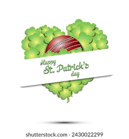 Happy St. Patricks day. Cricket ball on background heart made of clovers and shamrock. Pattern design for logo, banner, poster, greeting card. Vector illustration on isolated background