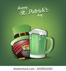 Happy St. Patricks day. Cricket  ball with St. Patrick hat, mug of beer and pot with gold. Pattern design for logo, banner, poster, greeting card. Vector illustration on isolated background