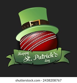 Happy St. Patricks day. Cricket ball in leprechaun hat with banner. Pattern for greeting card, logo, banner, poster, party invitation. Vector illustration on isolated background