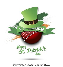 Happy St. Patricks day. Cricket ball in leprechaun hat the background of the Irish flag. Pattern for greeting card, logo, banner, poster, party invitation. Vector illustration on isolated background