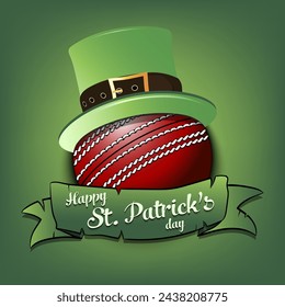 Happy St. Patricks day. Cricket ball in leprechaun hat with banner. Pattern for greeting card, logo, banner, poster, party invitation. Vector illustration on isolated background