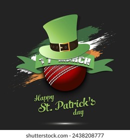 Happy St. Patricks day. Cricket ball in leprechaun hat the background of the Irish flag. Pattern for greeting card, logo, banner, poster, party invitation. Vector illustration on isolated background