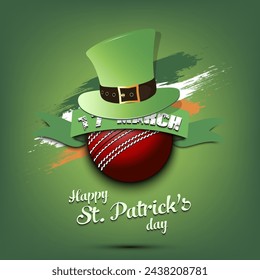 Happy St. Patricks day. Cricket ball in leprechaun hat the background of the Irish flag. Pattern for greeting card, logo, banner, poster, party invitation. Vector illustration on isolated background