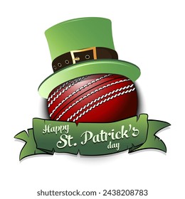 Happy St. Patricks day. Cricket ball in leprechaun hat with banner. Pattern for greeting card, logo, banner, poster, party invitation. Vector illustration on isolated background