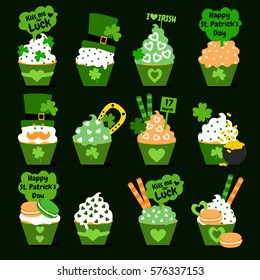 Happy St. Patrick's Day. Cupcakes set. Sweet collection. Vector illustration. 