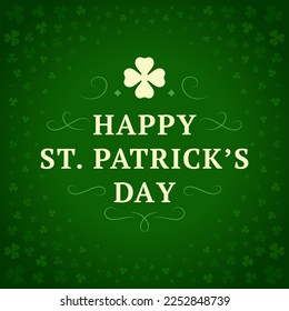 Happy St Patrick's Day curved ornate vintage greeting card typography template vector illustration. Green clover shamrock lucky fortune Irish label leaf floral ornamental background decor design