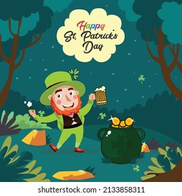 Happy St. Patrick's Day Cute Cartoon Leprechaun in Forest with Gold and Beer Flat Illustration